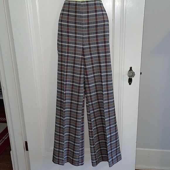 Vtg 70s rust, black & cream patterned double knit polyester wide leg pants - Picture 1 of 9